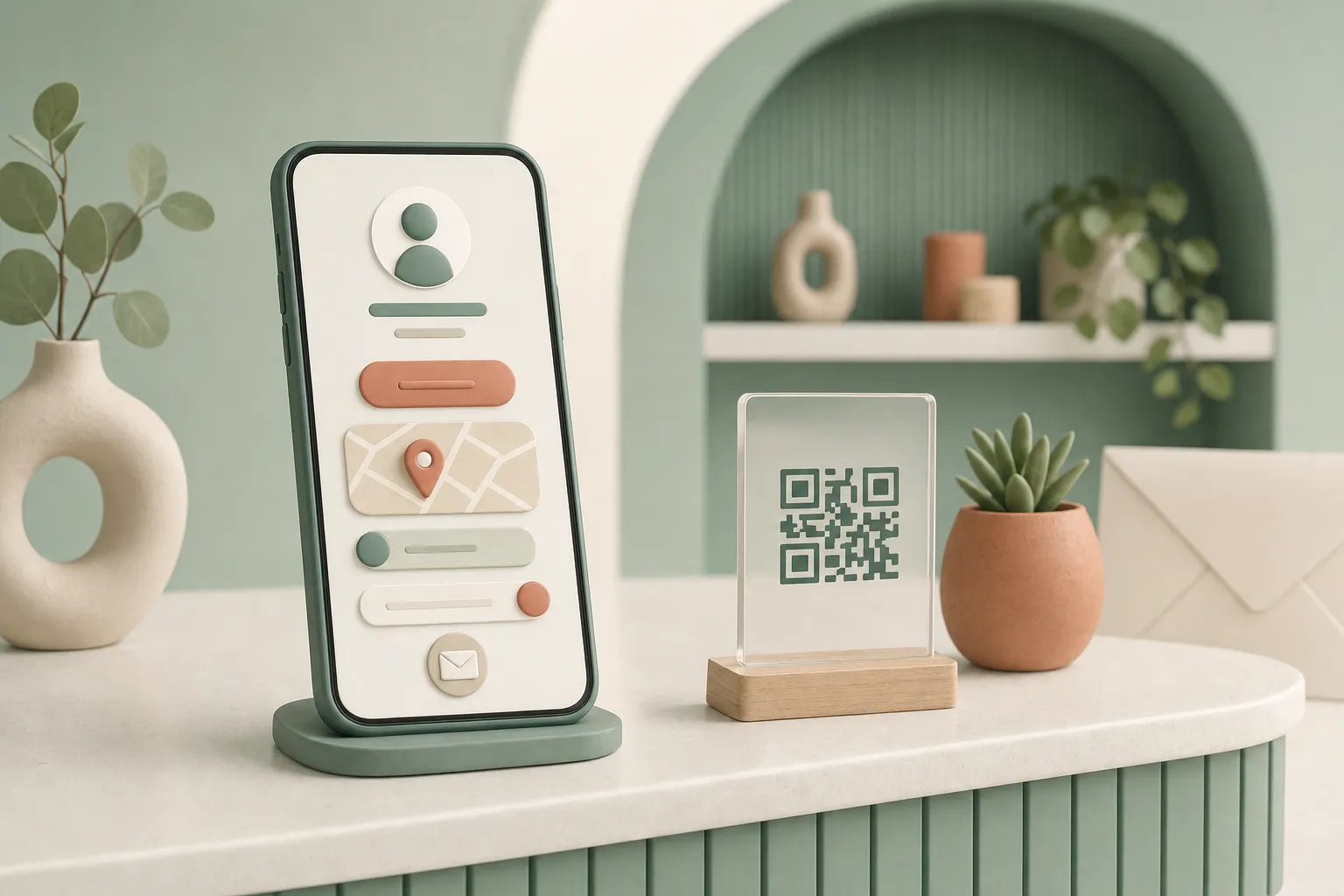 Smartphone mit stilisiertem Profil und Kartenpin, daneben ein Aufsteller mit QR-Code auf einem Verkaufstresen