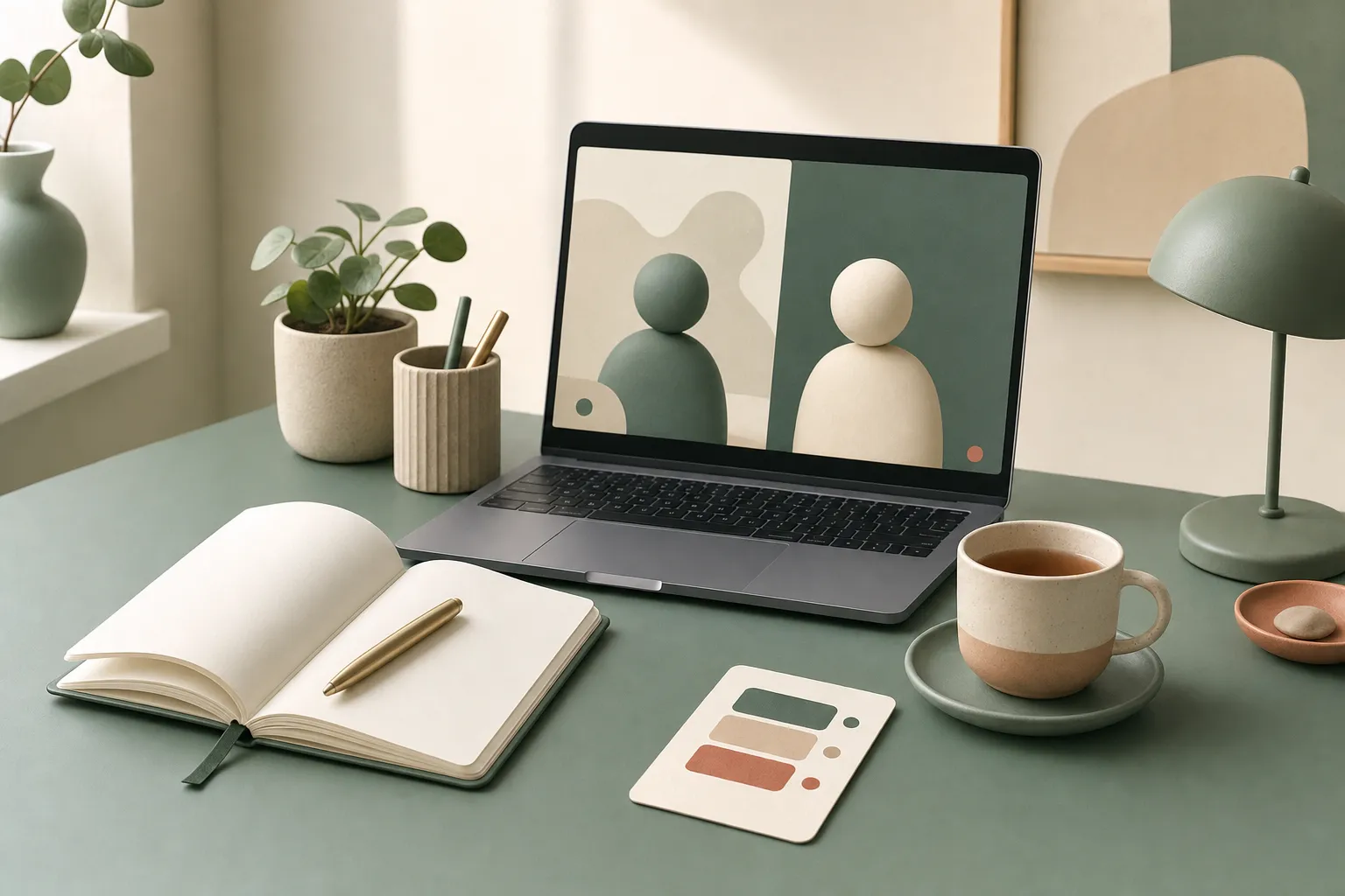 Schreibtisch mit Laptop, auf dem ein Videogespräch mit zwei stilisierten Figuren läuft, daneben Notizbuch und Teetasse