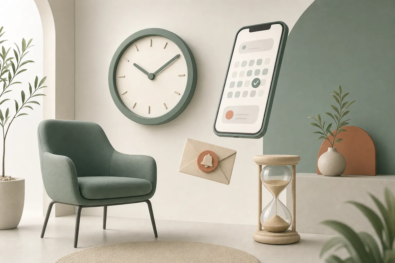 Leerer Sessel unter einer Wanduhr, daneben ein Smartphone mit Kalender und Häkchen, ein Briefumschlag mit Glocke und eine Sanduhr