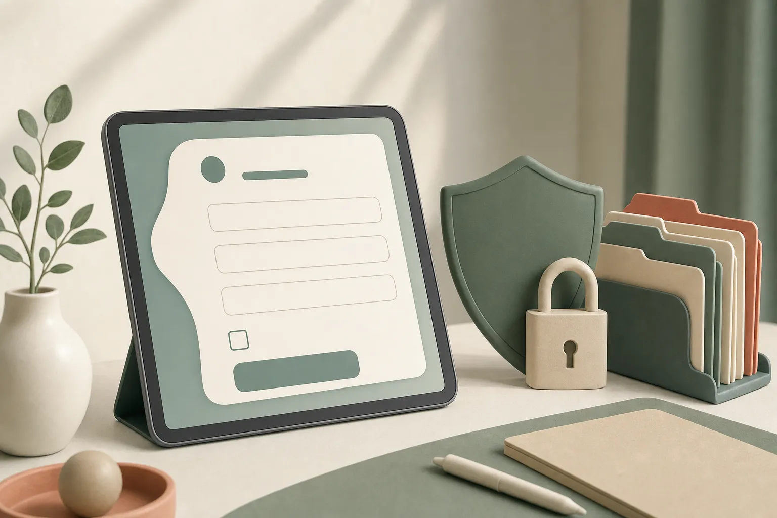 Tablet mit einem schlichten Buchungsformular, daneben ein Schutzschild und ein Vorhängeschloss