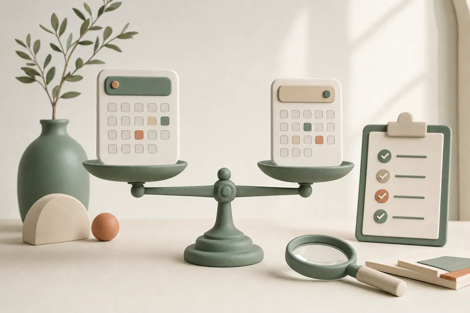 Waage mit zwei stilisierten Kalender-Apps, daneben eine Lupe und ein Klemmbrett mit Häkchen