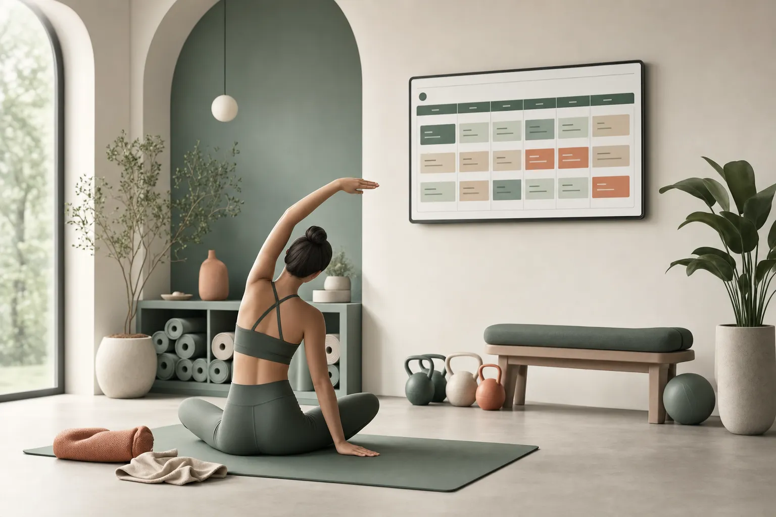 Kleines Fitnessstudio mit Yogamatten und Kettlebells, eine Person dehnt sich, an der Wand ein Bildschirm mit Kursplan