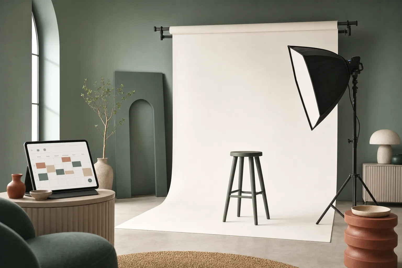 Fotostudio mit Papierhintergrund, Hocker und Softbox, im Vordergrund ein Tablet mit Buchungskalender
