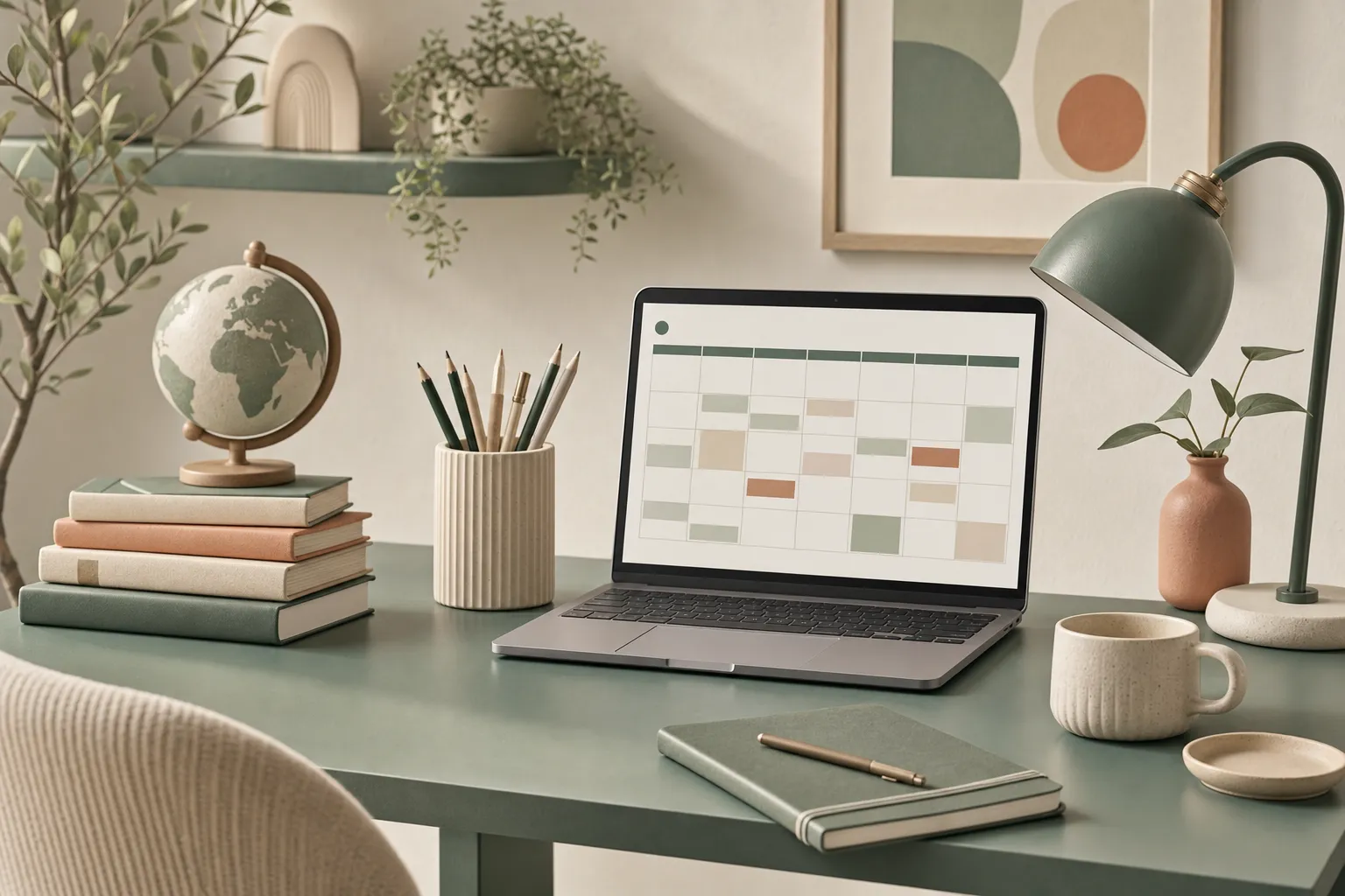Schreibtisch mit Bücherstapel, Globus, Stiftebecher und einem Laptop mit Wochenkalender